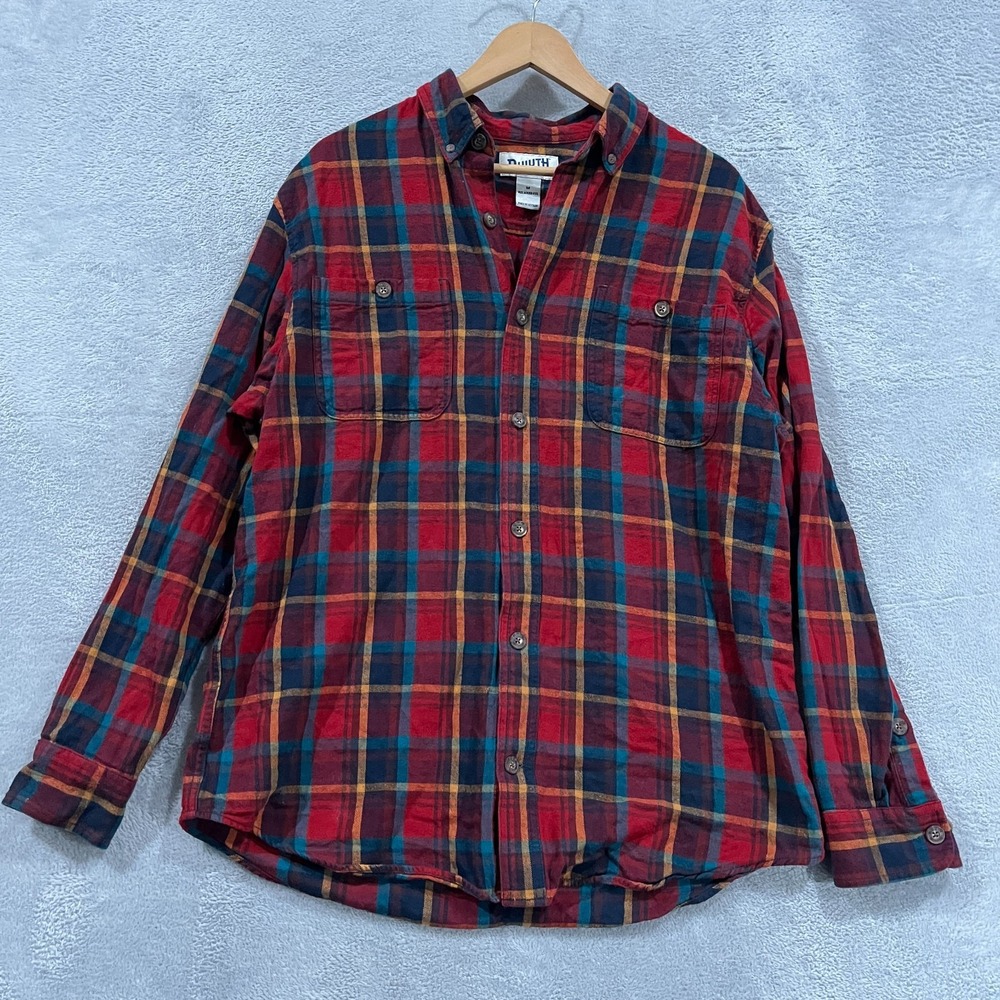 Duluth Button Down Flannel Shirt Men Medium Slim Fit Red Plaid Western Christmas